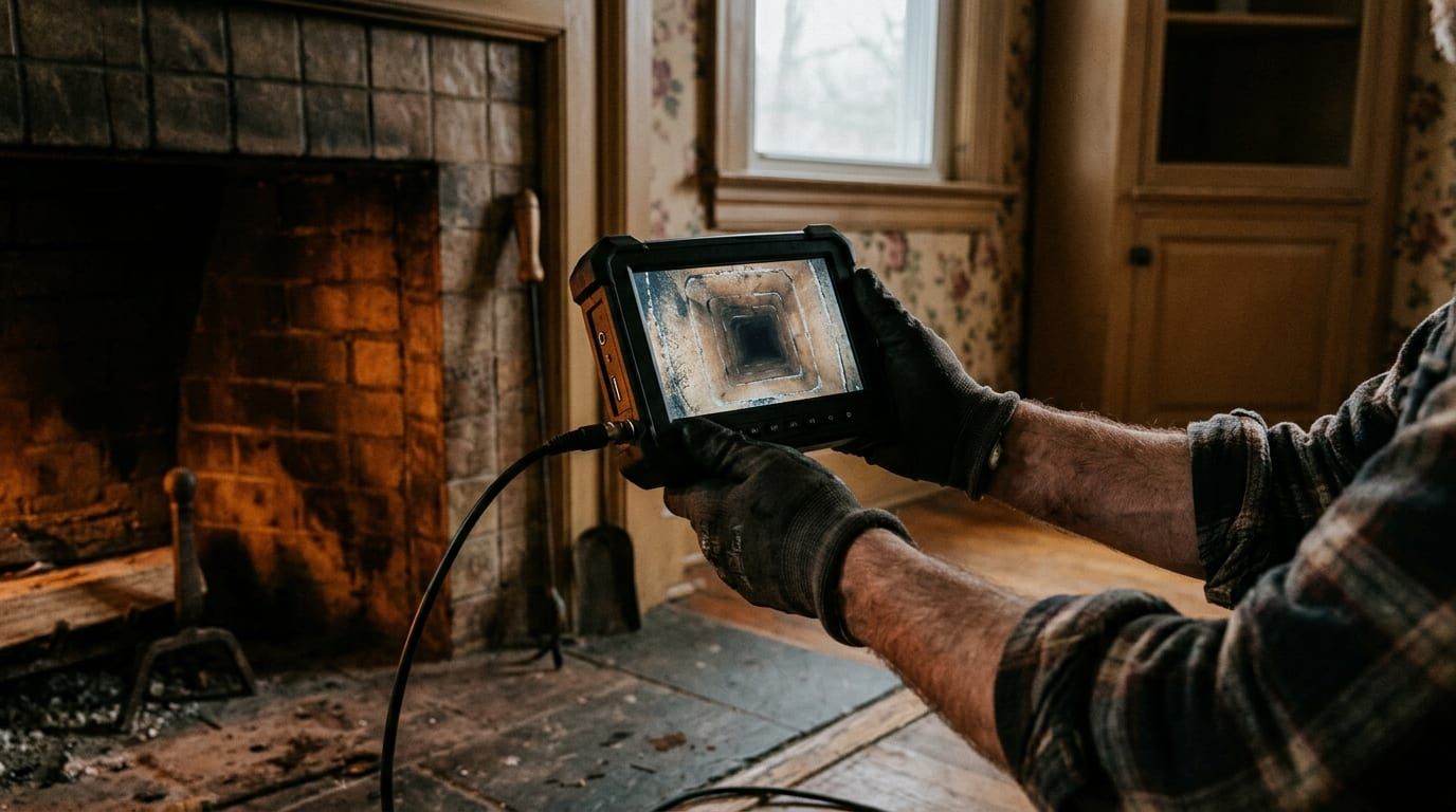 Technician's handheld monitor showing the live camera feed from inside a chimney flue