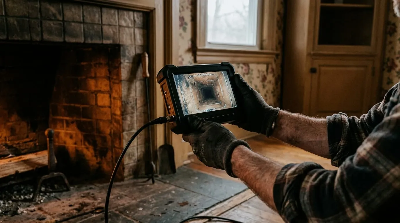 A chimney sweep technician holding a video inspection monitor that shows the inside of a flue on camera.