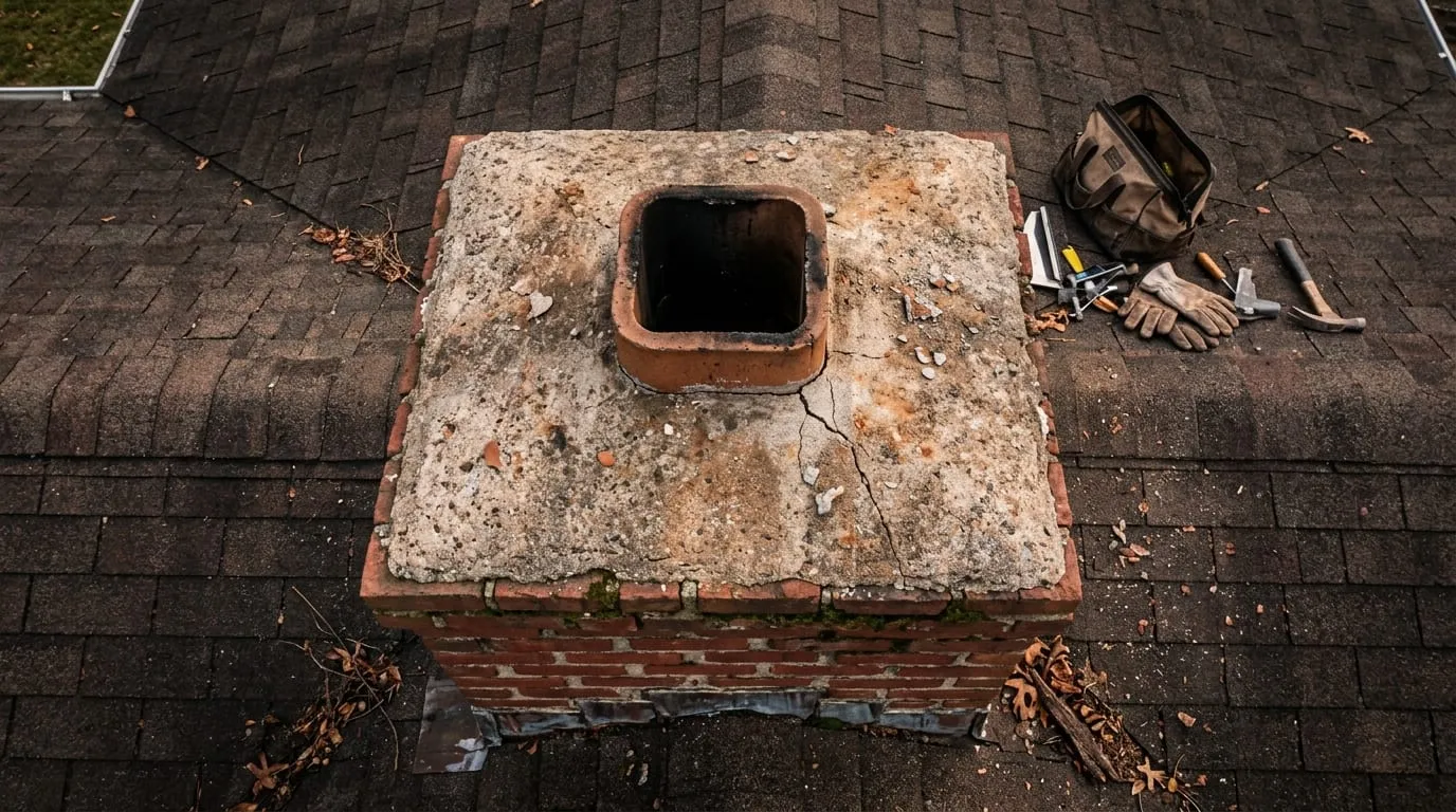 A cracked chimney crown photographed from the roof during a camera inspection pass.