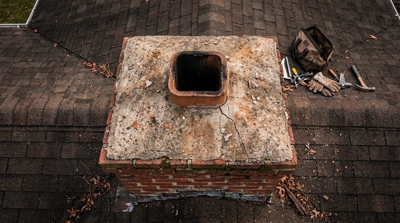 A concrete chimney crown on a shingle roof with a crack running from the clay flue tile to the edge
