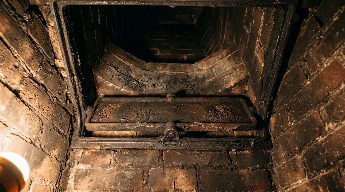 An open damper inside a sooty smoke chamber, seen from below