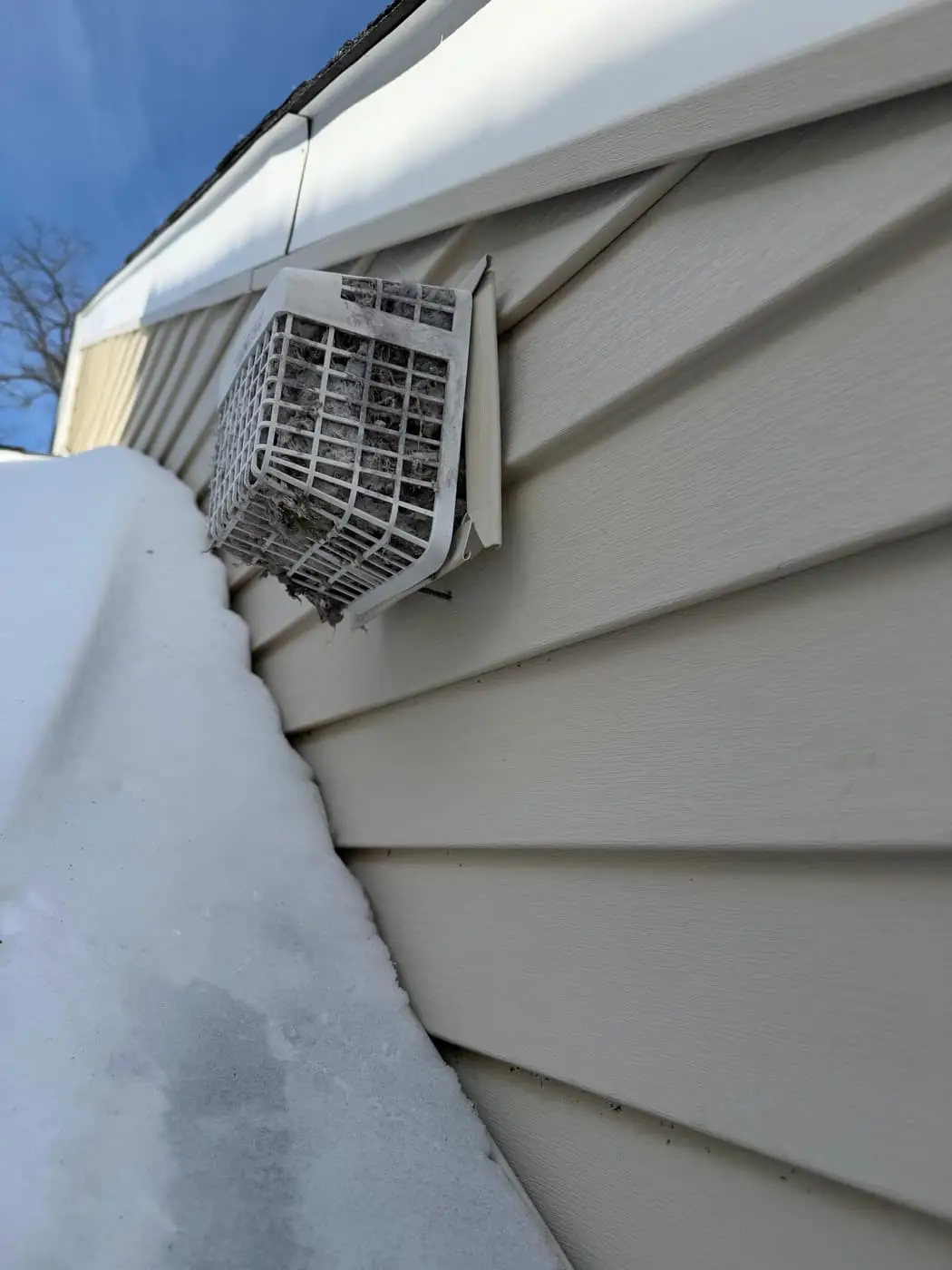 A dryer vent hood on vinyl siding packed with lint, with snow piled on the ground below.