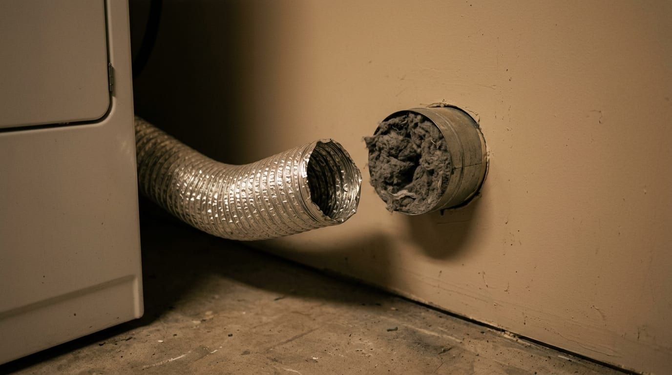 A flexible dryer duct disconnected at the wall, its opening choked with matted grey lint
