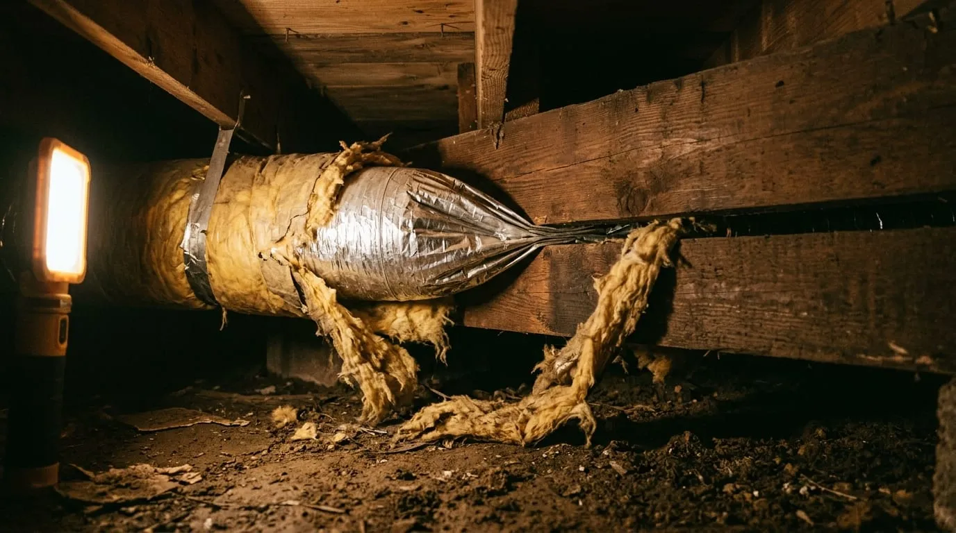 A run of flexible duct flattened where it crosses a floor joist, pinched enough to choke off airflow to the room it feeds.