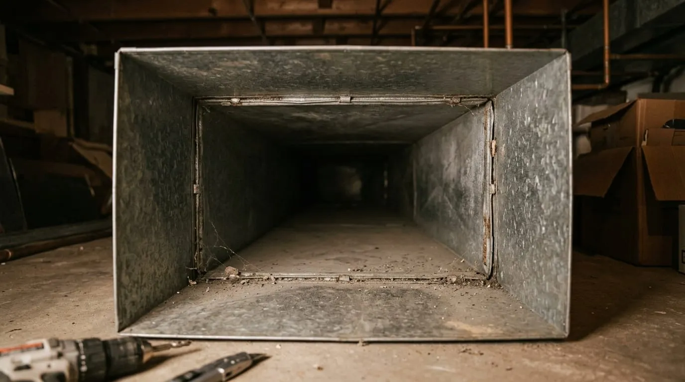 A camera’s view down a bare sheet-metal duct run before cleaning