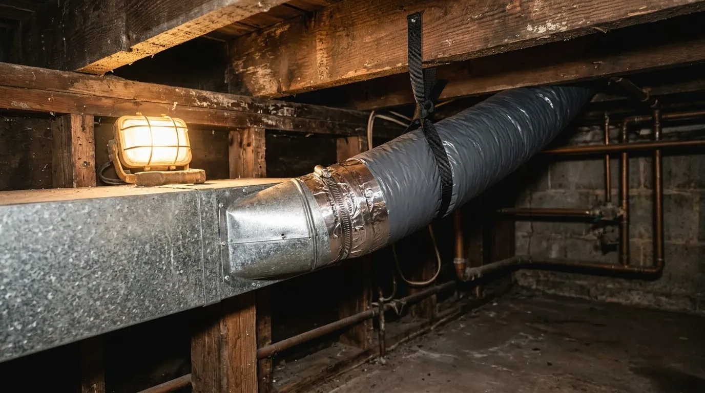 A new insulated duct run hung under a floor, lit by a work light