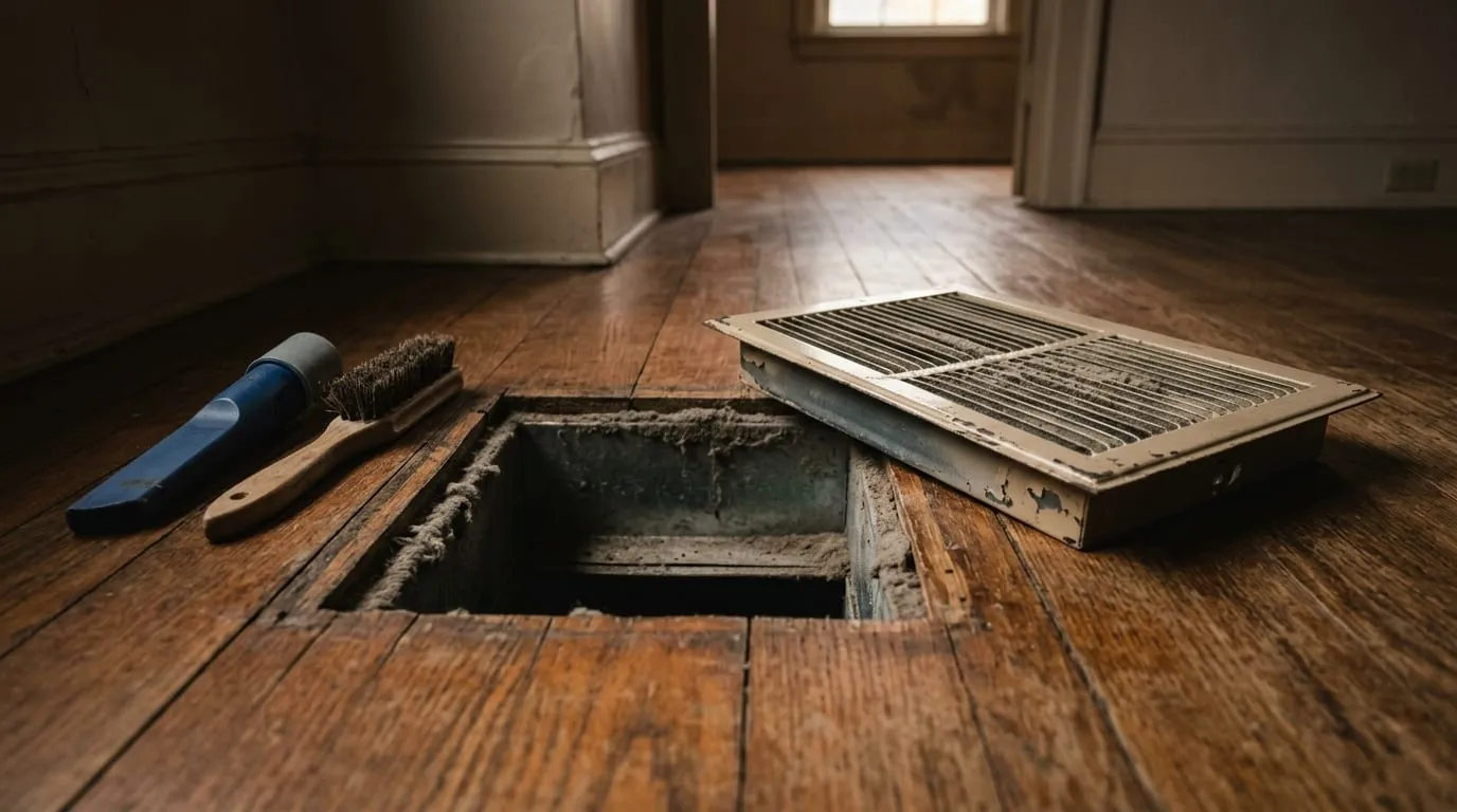 A floor register removed to access the duct branch behind it