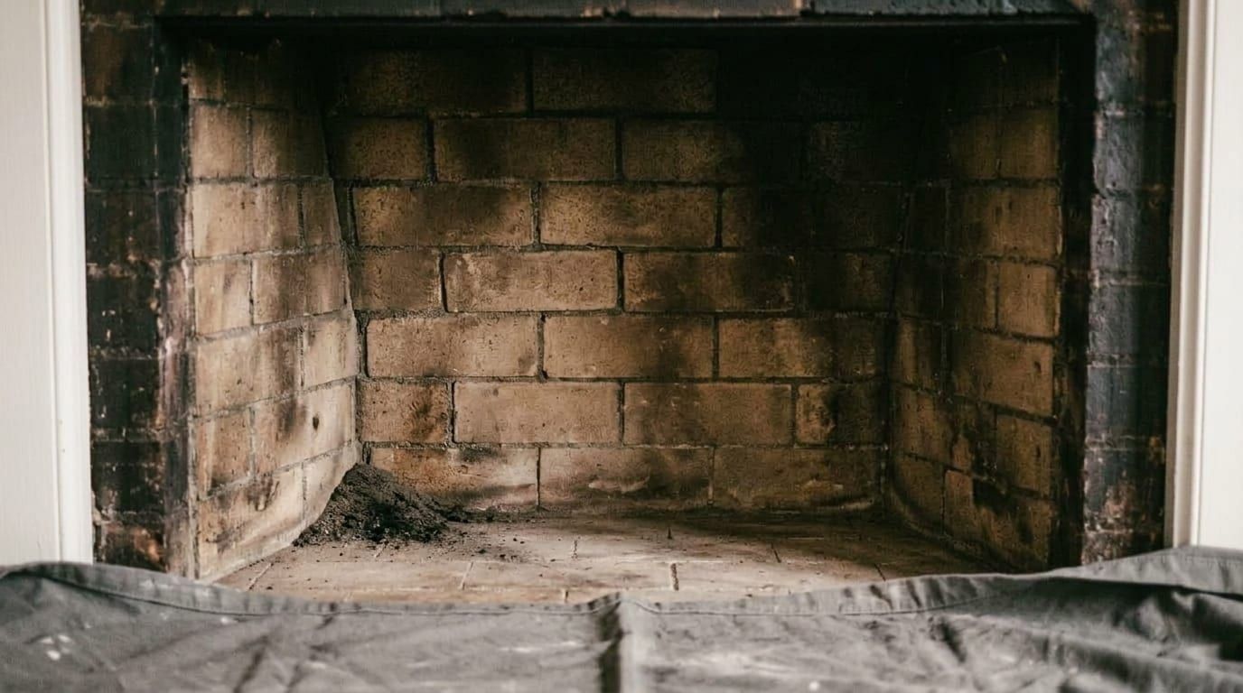 Clean, soot-free masonry firebox interior after a professional chimney sweep