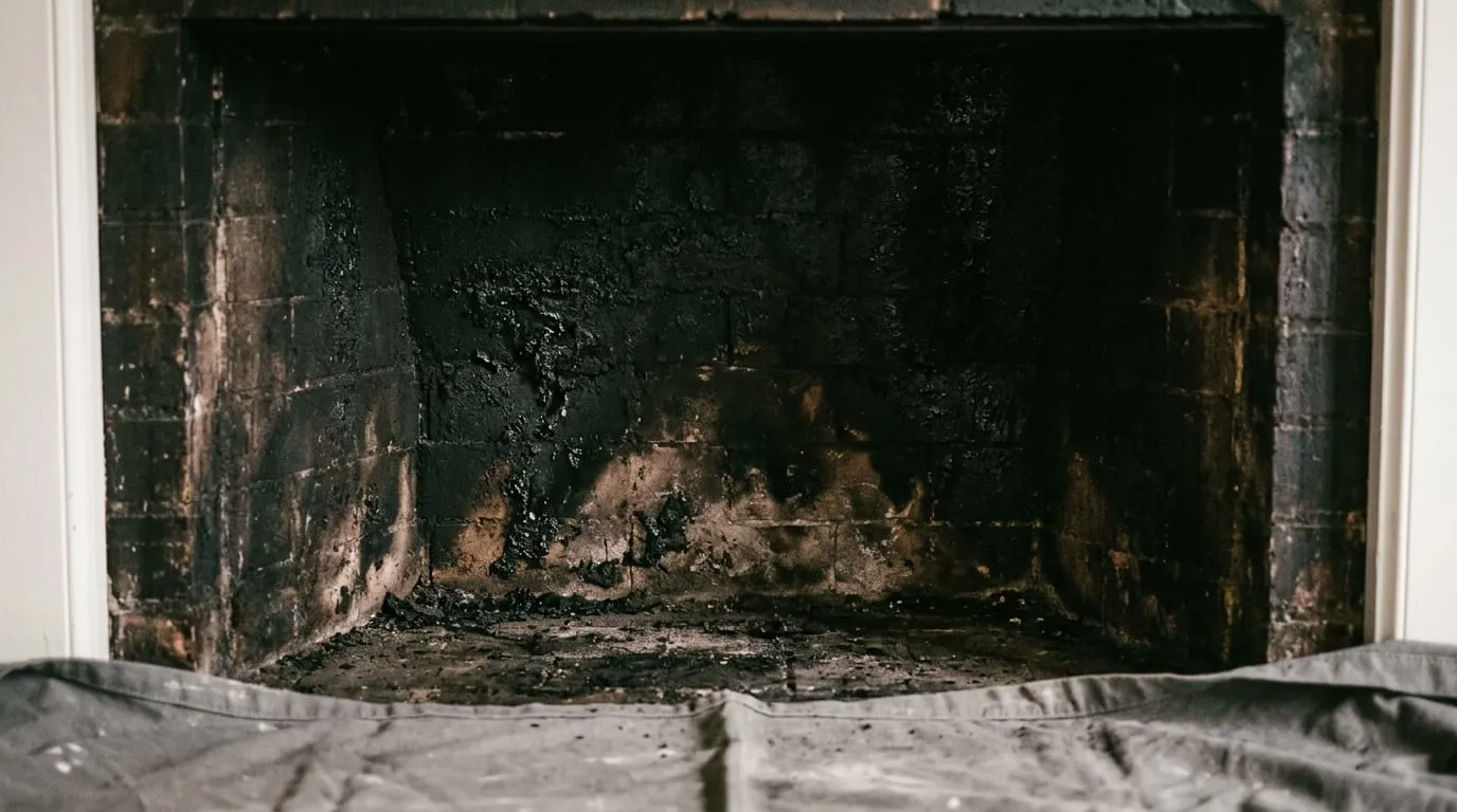 A firebox coated in heavy glazed creosote, tarp laid down for the sweep