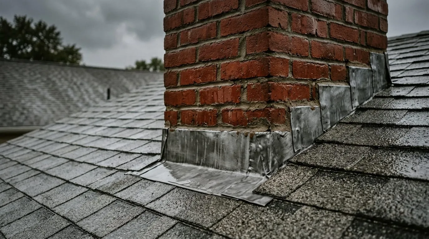 Step flashing being repaired where a chimney meets the roof line