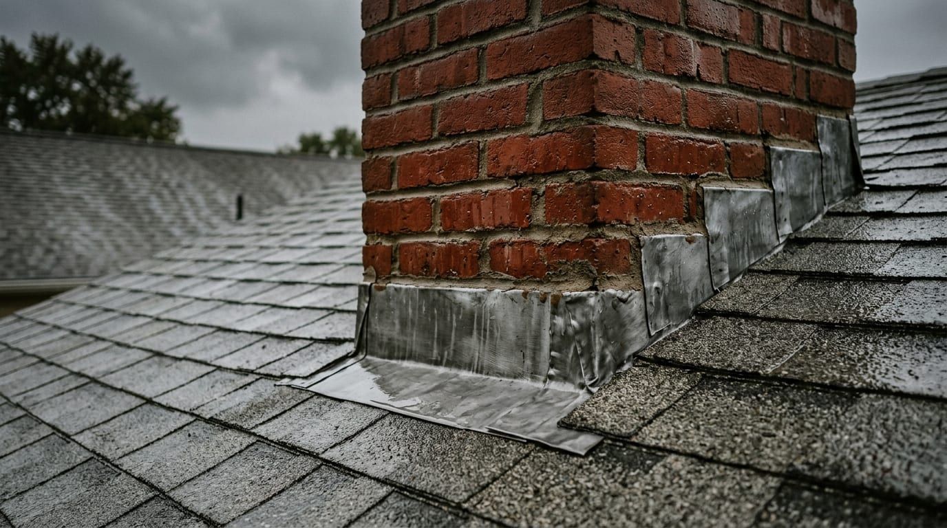 Step flashing worked into the shingle courses where a brick chimney meets the roof