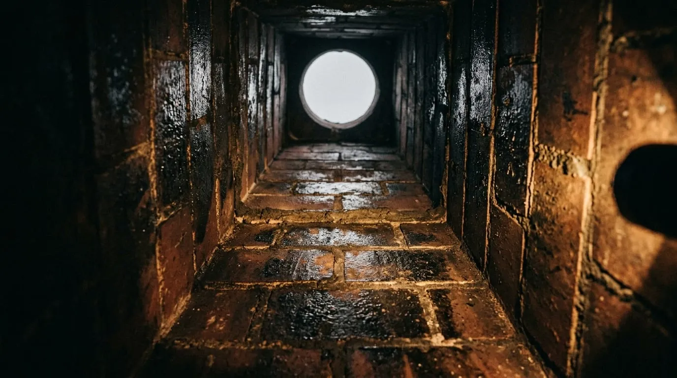 The interior of a clay tile flue seen through a video inspection camera, showing a layer of creosote on the walls.