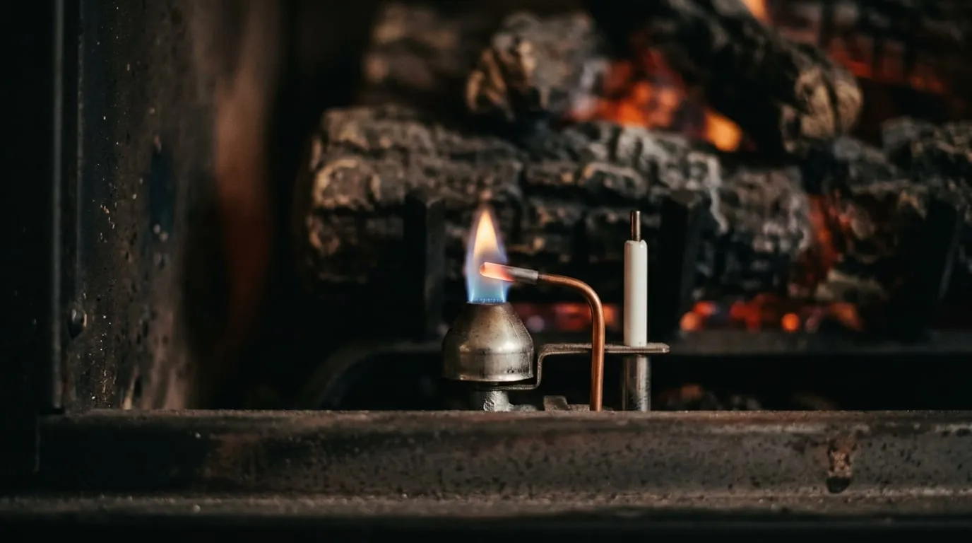 A gas fireplace insert pilot flame and thermocouple checked during a service visit.