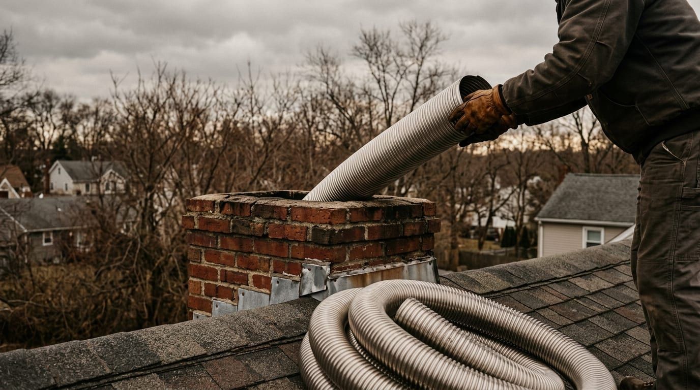 A technician feeding a flexible chimney liner down into the flue from the rooftop