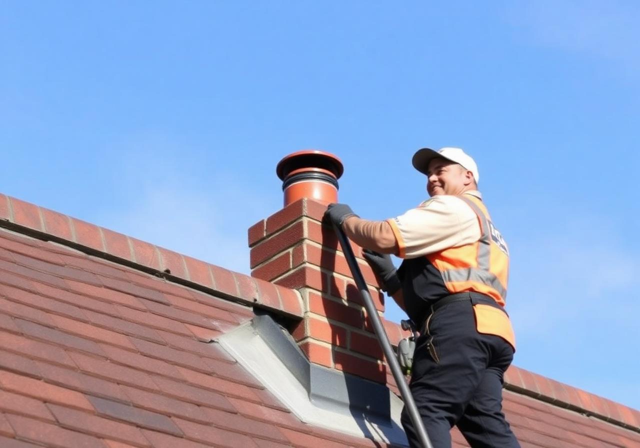 Professional chimney sweep technician on rooftop in Cherry Hill NJ